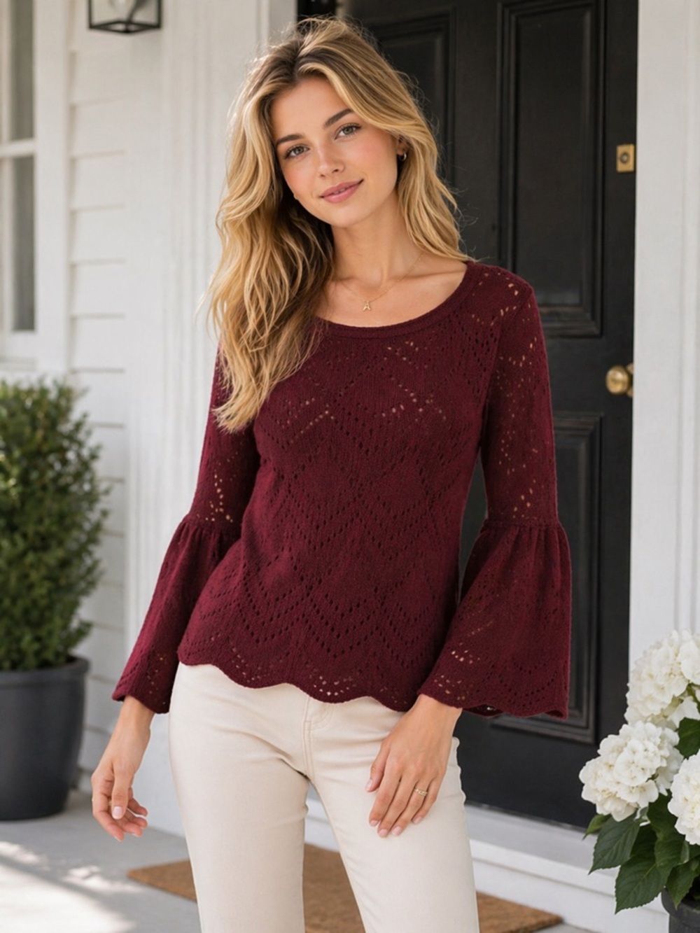 ✨🍷 Lauren Conrad Romantic Lace Knit Sweater – Preppy Chic Vibes! 🍷✨